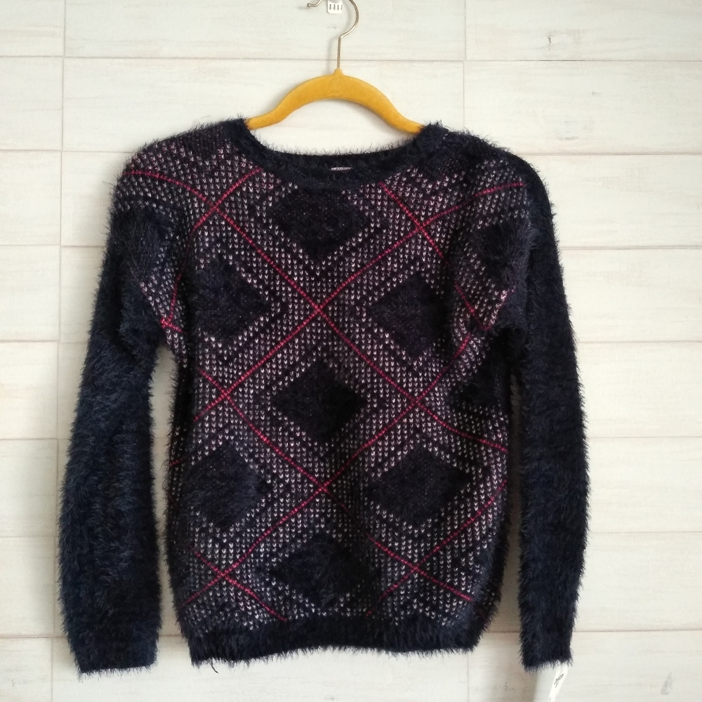 Oshkosh B'gosh Girls Diamond SWEATER Long Sleeve Navy Blue Furry Pull-ov…